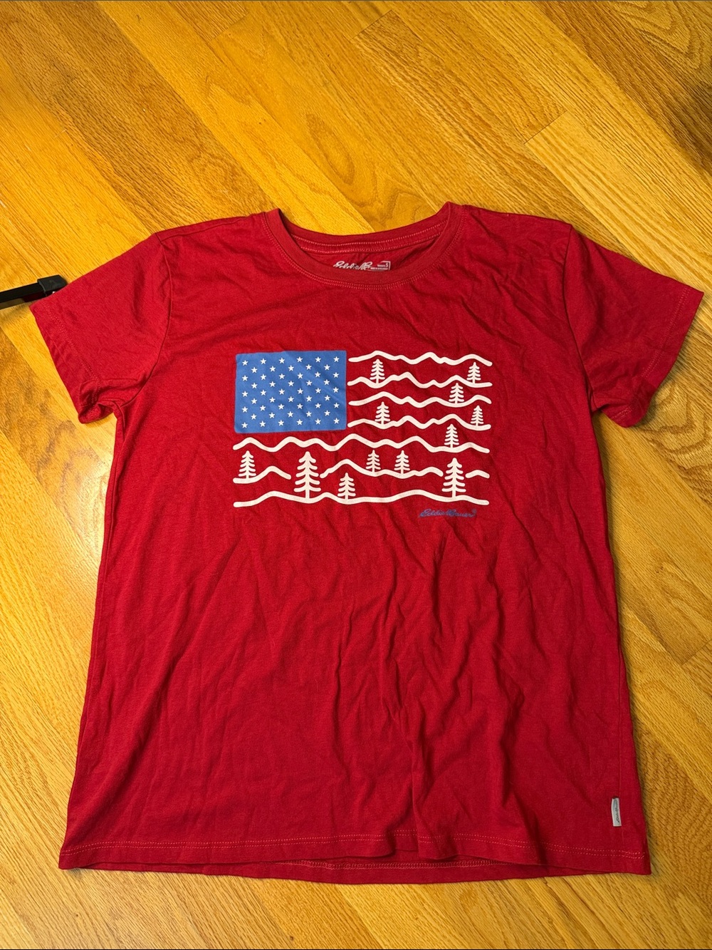 Eddie Bauer Red Short Sleeve Tee with Blue and White Flag Graphic